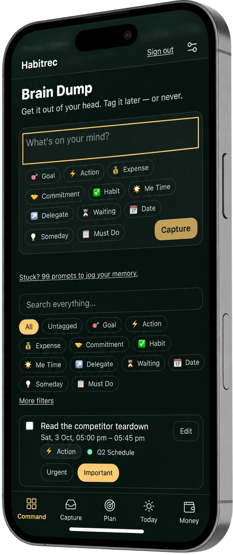 Habitrec's Brain Dump on a phone: a capture box, the eleven tags, and a filterable list of everything captured